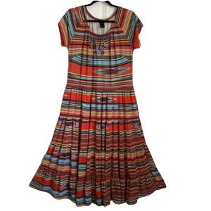 Multiples Dress PXL Striped Embroidered Aztec Equestrian Maxi Boho Southwestern
